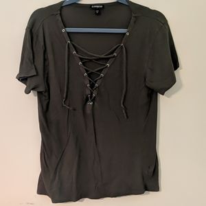 Express Army Green V-Neck Shirt